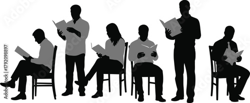 Readers silhouette lineup, men and women sitting and standing with books, mixed poses for education, library, and study scenes, black vector illustration.