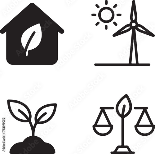 Isolated Sustainability black vector icon set, sustainability icons, eco life renewable nature balance design, solid black outline filled minimal thin stroke, renewable green energy symbols