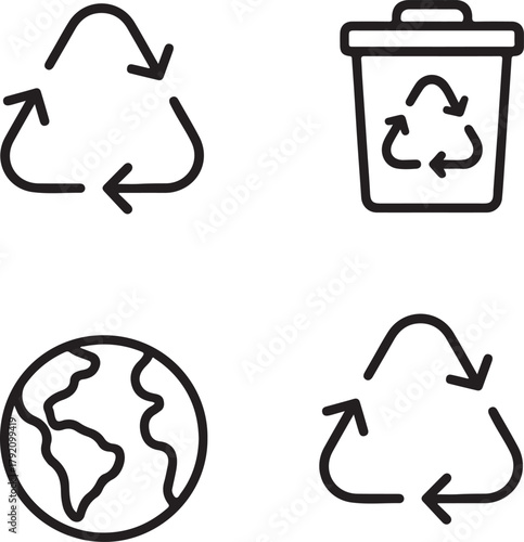 Isolated Recycling Process black vector icon set, recycling icons, reuse waste sustainability eco design, solid black outline filled minimal thin stroke, environmental and green symbols