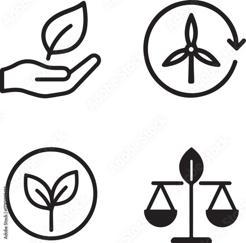 Isolated Sustainability black vector icon set, sustainability icons, eco life renewable nature balance design, solid black outline filled minimal thin stroke, green living environment symbols