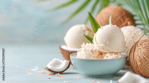 Coconut-themed dessert, such as coconut ice cream with fresh flakes as garnish, set against a clean background.