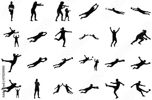 Silhouette collection of soccer players in action football