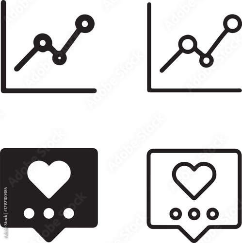 Isolated Social Media Analytics black vector icon set, social media icons, chart graph engagement metrics design, solid black outline filled minimal thin stroke, marketing analytics symbols