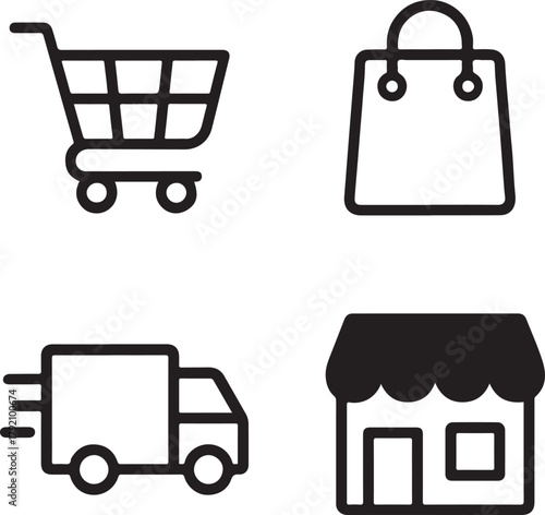 Isolated E Commerce black vector icon set, e commerce icons, shopping cart bag delivery store design, solid black outline filled minimal thin stroke, retail online store symbols