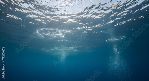 Fototapeta Naklejka Na Ścianę i Meble -  a view from inside of water of sun, life under water, under water sun light, bubbles inside water,