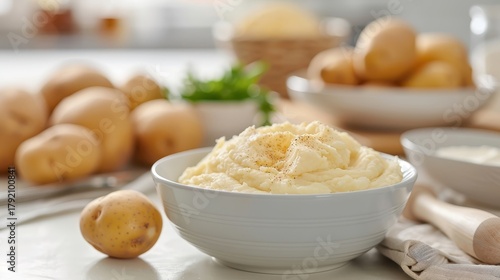 Potato-based dish like mashed potatoes or potato gratin, featuring fresh potatoes as a key ingredient, set on a clean kitchen counter.