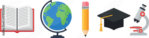 Educational Tools and Symbols Book Globe Pencil Graduation Cap Microscope.