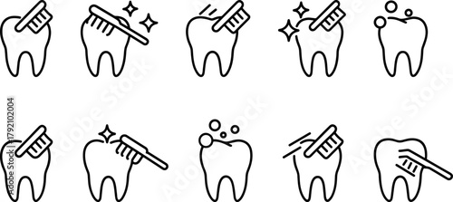 Dental health and tooth care icons set. Healthy teeth, cavity, protection, prevention, dentistry. Outline vector illustrations