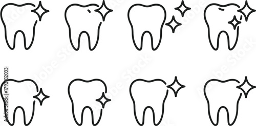Dental health and tooth care icons set. Healthy teeth, cavity, protection, prevention, dentistry. Outline vector illustrations