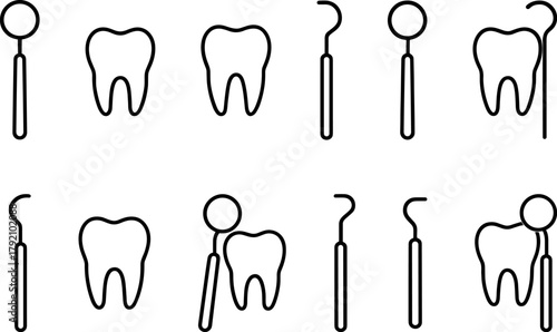 Dental health and tooth care icons set. Healthy teeth, cavity, protection, prevention, dentistry. Outline vector illustrations