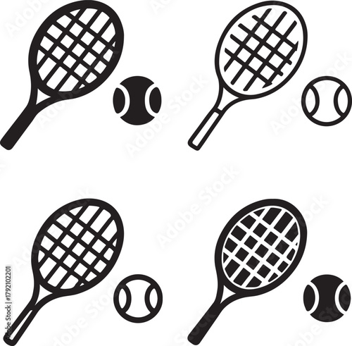 Isolated Tennis Racket and Ball black vector icon set, tennis racket ball icons, sports equipment realistic design, solid black outline filled minimal thin stroke, tennis game athletic symbols