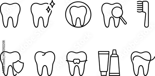 Dental health and tooth care icons set. Healthy teeth, cavity, protection, prevention, dentistry. Outline vector illustrations