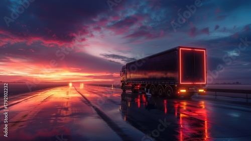 A large truck with illuminated edges parked on a wet road during sunset. The sky is filled with vibrant colors, reflecting on the surface.