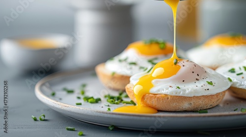 Hollandaise sauce drizzling over a poached egg on an English muffin, highlighting its smooth consistency and vibrant color.