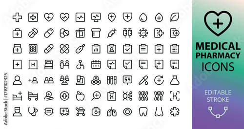 Medical App line UI icons. Set of pharmacy, hospital, first aid vector symbols with editable stroke