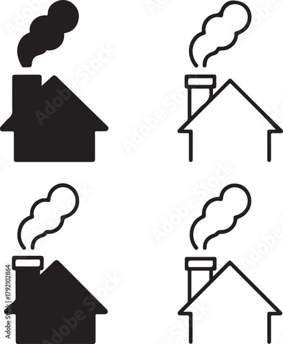 Isolated Chimney Smoke black vector icon set, chimney smoke icons, house emission realistic home design, solid black outline filled minimal thin stroke, environmental and house symbols