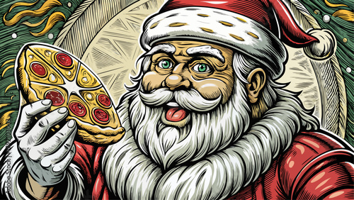 Very beautiful Santa Claus joyfully eating a slice of pepperoni pizza, sketch engraving style, featuring detailed linework, scratch board imitation, and classic black and white vector illustration of 