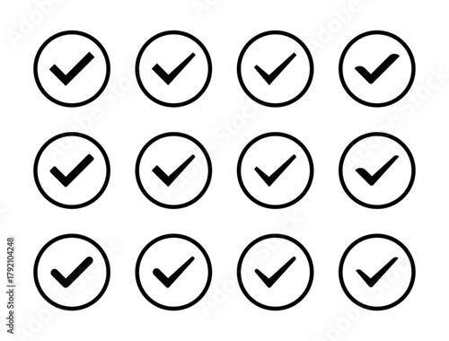 Check mark icon set collection in circular outline. Tick and approval symbol. Checkmark and success sign