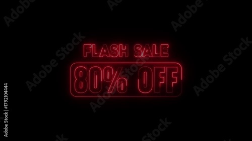 Neon Flash sale 80% OFF animation. Glowing 80 percent off sale discount motion on black background. suitable for promotion high resolution video footage.