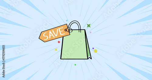 Shopping bag with save tag and confetti – money saving and discount sale concept vector