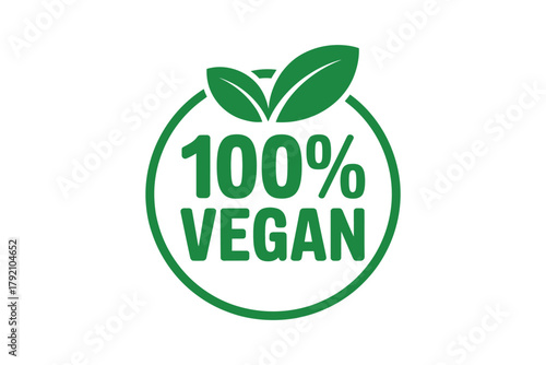 Green 100% Vegan circular badge with leaves, representing healthy lifestyle and plant-based food choices.