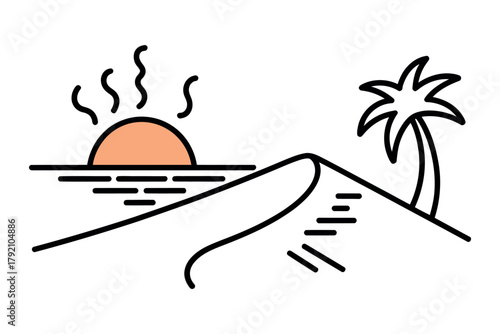 Serene desert landscape at sunset with a lone palm tree on a dune.