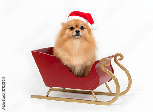 festive christmas pet portrait pomeranian in santa sleigh on white background