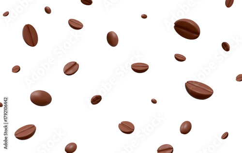 3d flying coffee beans background. Brown coffee beans for advertising and promotion of coffee products. Stock vector illustration on isolated background. 