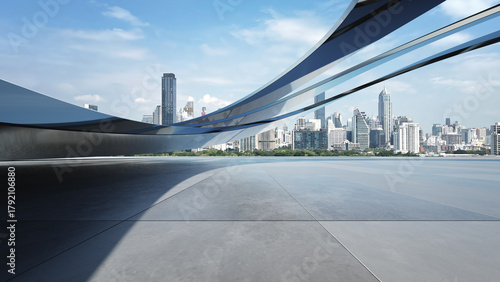 Fototapeta Naklejka Na Ścianę i Meble -  Abstract modern chrome curved architecture, Minimal geometry architectural background, Exterior car presentation backdrop with empty pavement concrete floor, 3d rendering