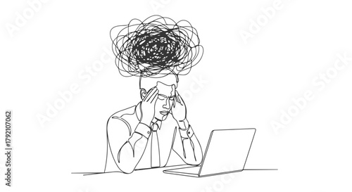 One line continuous drawing of a person with a tangled brain illustration of stress and anxiety
