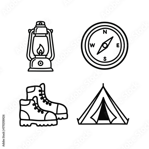 Vintage black and white clipart set featuring a camping lantern, compass, hiking boots, and tent, evoking a sense of adventure and exploration in a minimalist, line-art style, perfect for ou