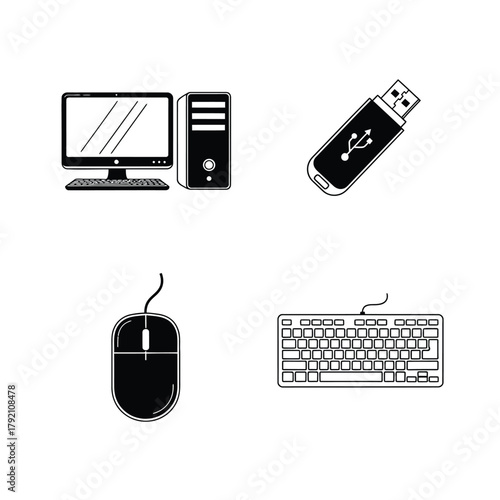 Detailed black and white computer setup illustration featuring monitor, CPU, USB drive, mouse, and keyboard in a minimalist style, showcasing modern office or workspace equipment.