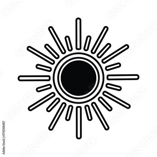 Simple black and white illustration of a sun symbol with bold lines and geometric shapes, minimalist design, abstract representation of sunlight, modern and clean aesthetic, isolated on a pl