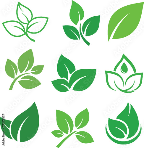 Fresh green leaf icons for nature-inspired designs, perfect for eco-friendly brands and sustainable business marketing materials that convey growth and vitality