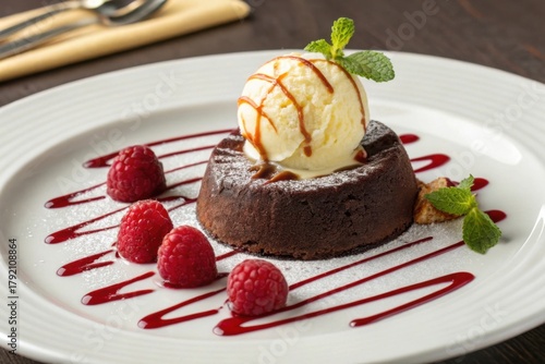 Chocolate lava cake topped with ice cream and raspberry on white plate