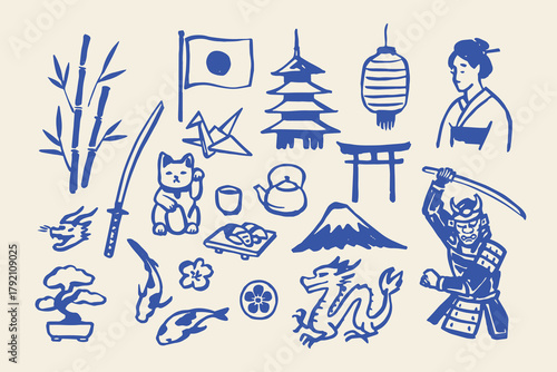 Japan culture symbols hand drawn sketch vector illustration