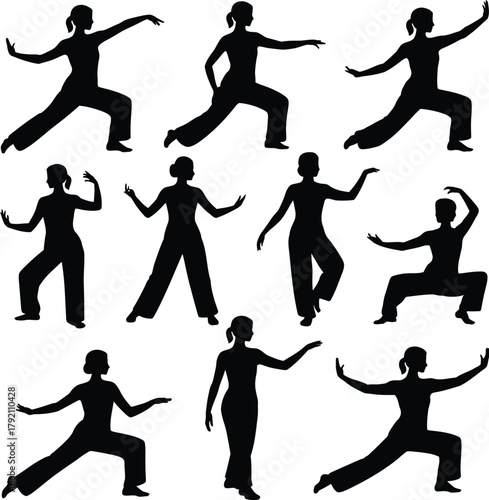 Nine black silhouettes of a woman performing Tai Chi or Qigong movements on a white background martial arts