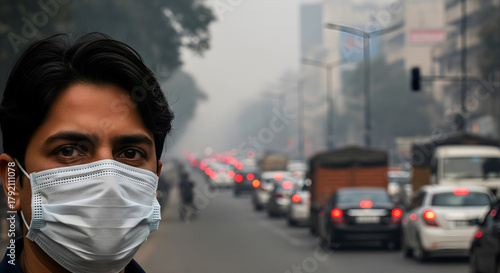Man in face mask in polluted Delhi street, India. Air pollution concept