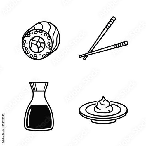 Sushi Set Icon Maki Roll, Chopsticks, Soy Sauce, Wasabi - Black  White