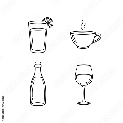 Drinks Icons Set Juice, Coffee, Champagne, Wine - Line Art