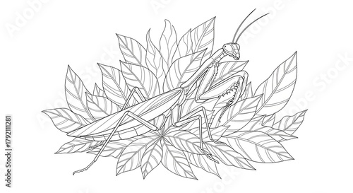 Detailed black and white illustration of a praying mantis perched on a bed of leaves