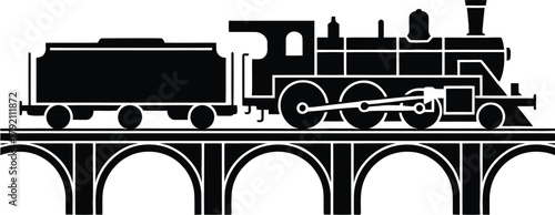 Black silhouette of a steam train on a stone bridge locomotive engine