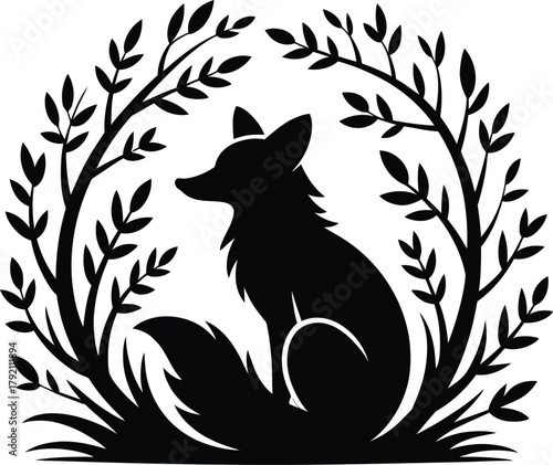 Black silhouette of a fox sitting within a circular frame of branches and leaves on a white background