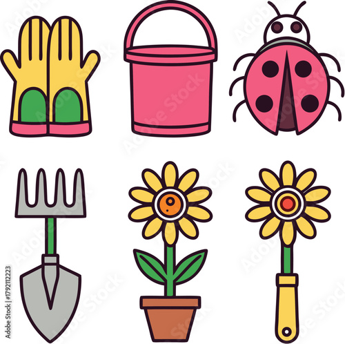 Collection of Cartoon Garden Tools and Ladybug on White Background gardening gloves