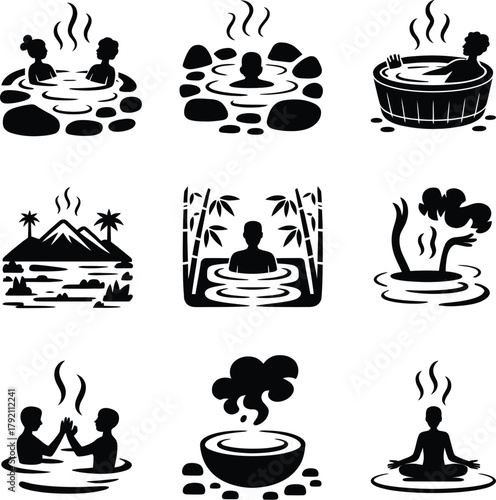 Collection of Black and White Icons Representing Hot Springs and Relaxation onsen bath