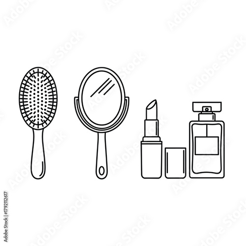 Beauty Essentials Line Art Mirror, Lipstick, Perfume, Hairbrush