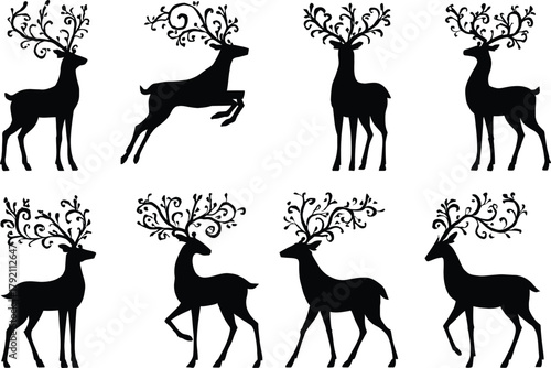 Set of deer silhouettes vector illustration for wild animal nature design