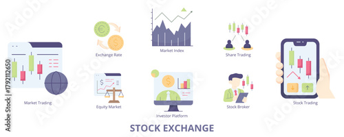 Stock Exchange Flat Banner Web Icon Set Vector Illustration