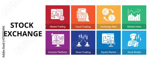Stock Exchange Glyph Solid Banner Web Icon Set Vector Illustration