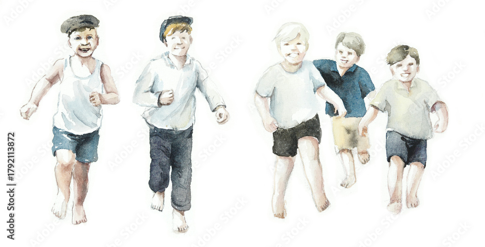 Obraz premium Village children. A group of boys running. Wtercolor hand drawn illustration